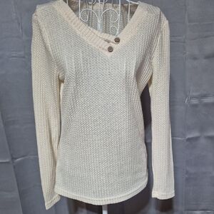 Cream V-Neck Sweater with Button Detail